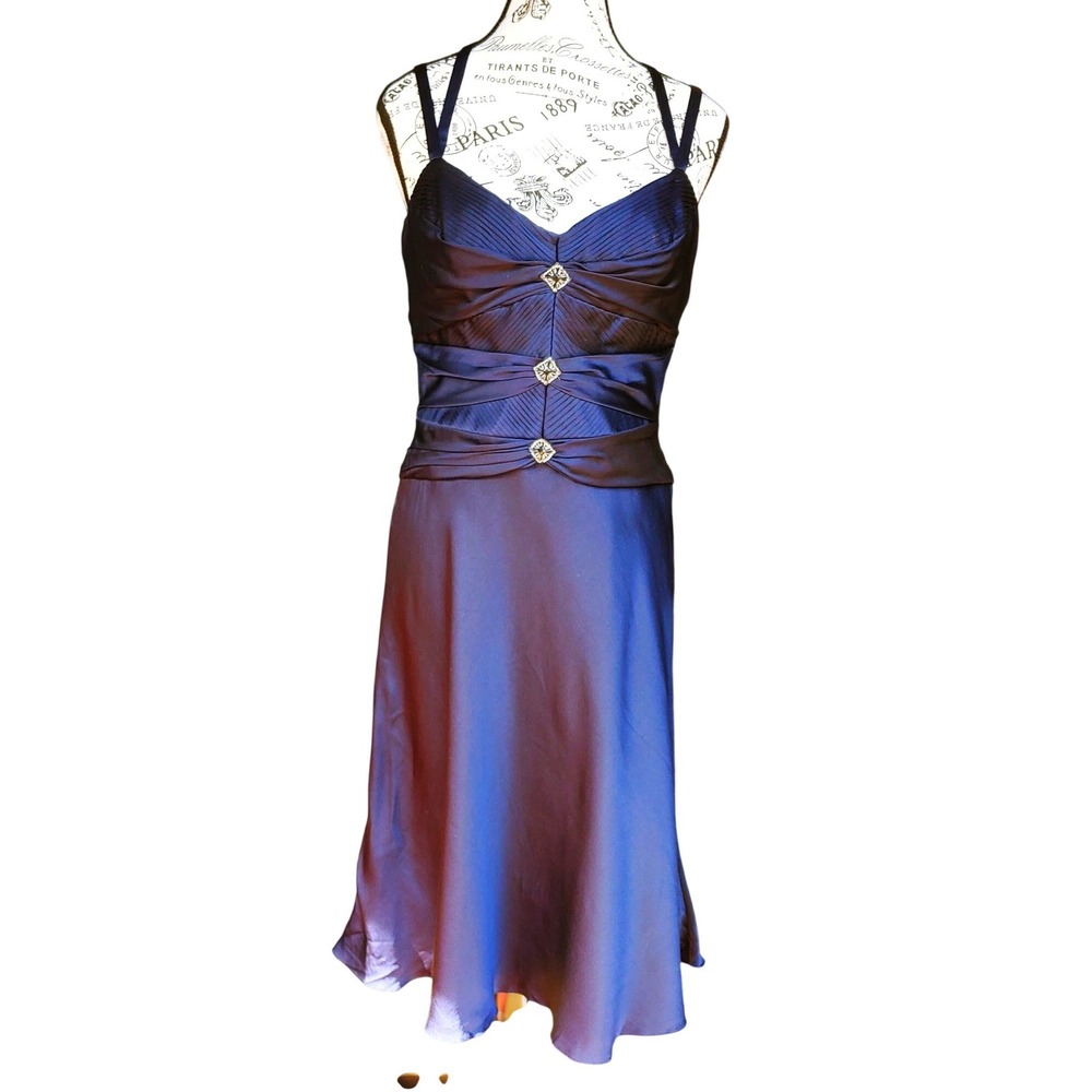 Badgley Mischka Silk Dress Women 10 Navy Blue Midi Fit & Flare Cocktail